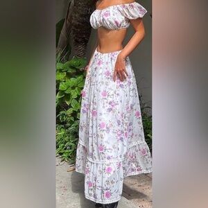 Floral Off-Shoulder Maxi Dress in White and Pink